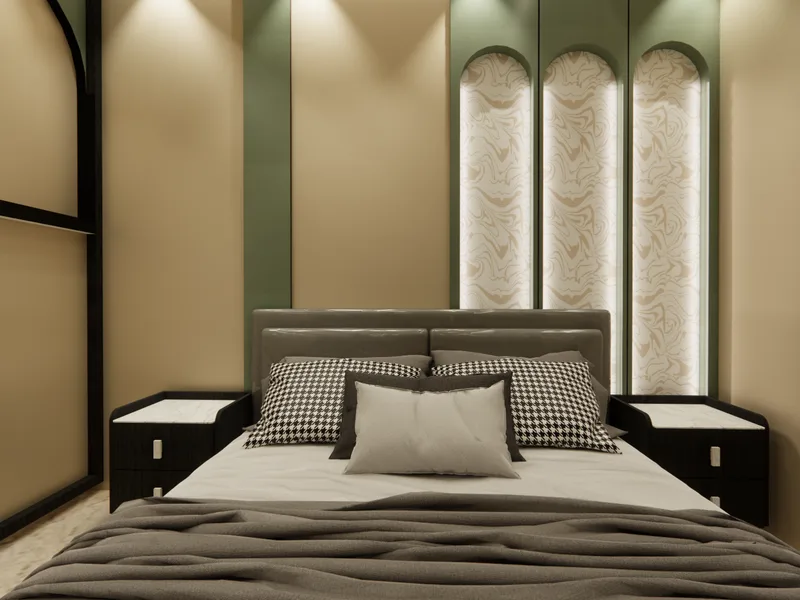 Guest bedroom design with decorative headboard panels and modern wardrobe by ICreations Interior in Rajarhat, Kolkata