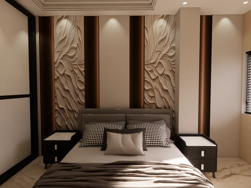 Luxury master bedroom design by ICreations with sculptural wall panels and premium headboard in Alipore, Kolkata