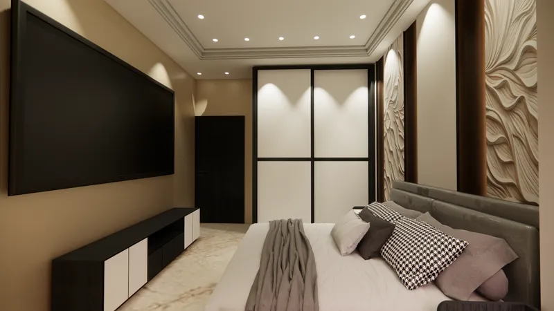 Bedroom with study corner and shelving by iCreations Interior