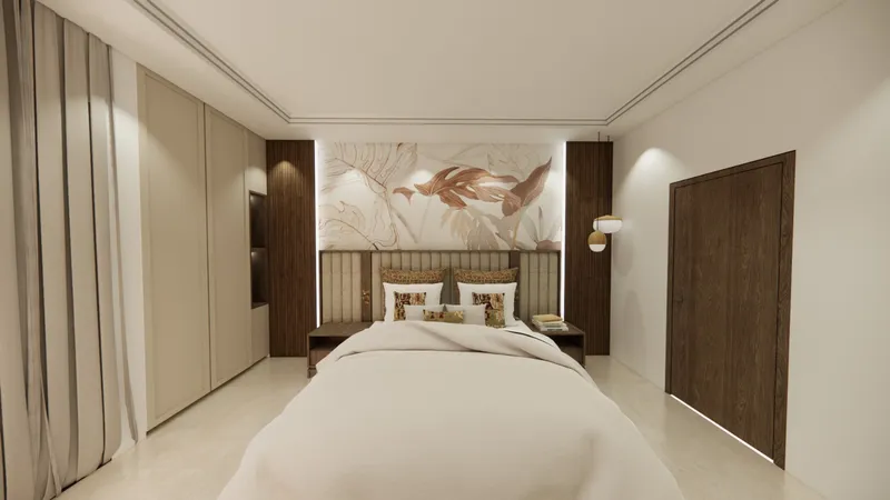 Luxury bedroom with botanical headboard wall - completed project